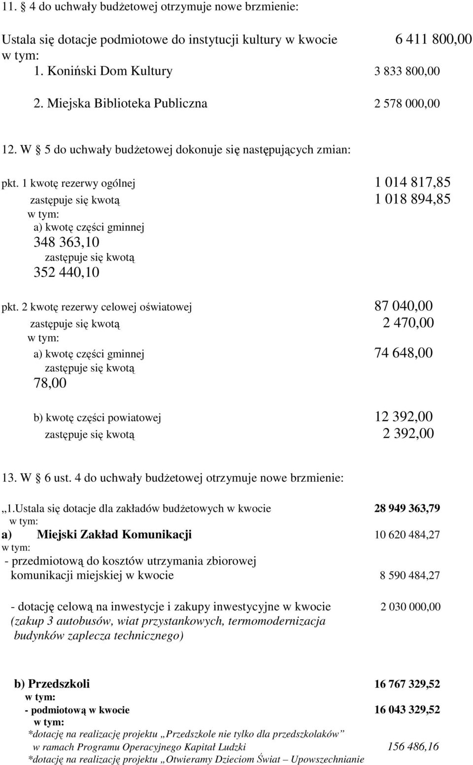 1 kwotę rezerwy ogólnej 1 014 817,85 zastępuje się kwotą 1 018 894,85 a) kwotę części gminnej 348 363,10 zastępuje się kwotą 352 440,10 pkt.