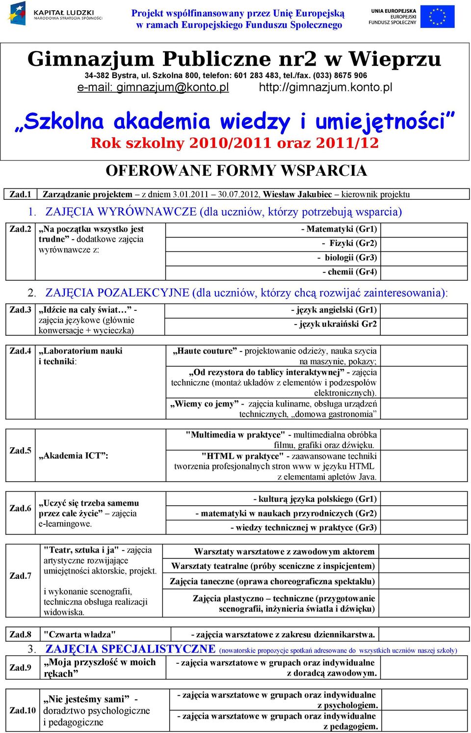 01.2011 30.07.2012, Wiesław Jakubiec kierownik projektu 1.