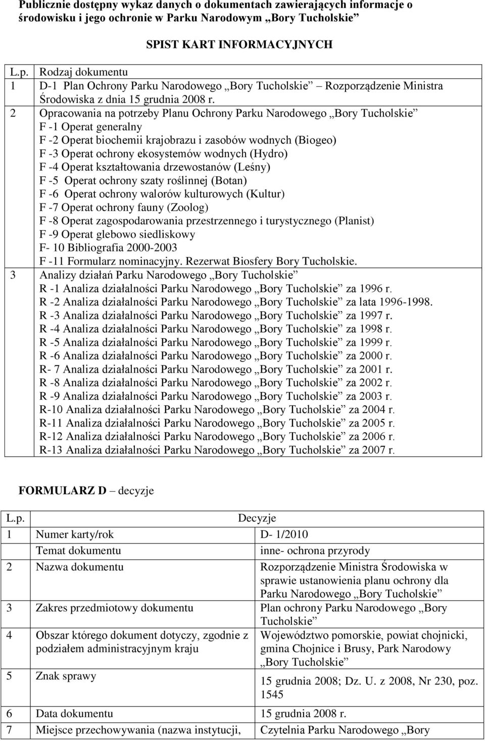 2 Opracowania na potrzeby Planu Ochrony Parku Narodowego F -1 Operat generalny F -2 Operat biochemii krajobrazu i zasobów wodnych (Biogeo) F -3 Operat ochrony ekosystemów wodnych (Hydro) F -4 Operat