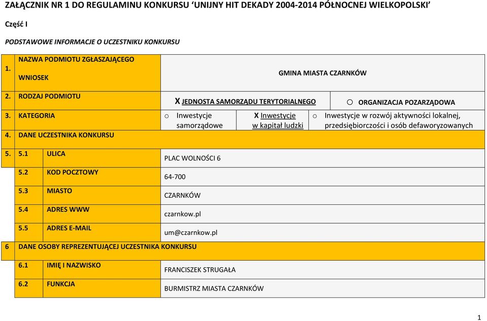 3 MIASTO 5.4 ADRES WWW 5.5 ADRES E-MAIL X JEDNOSTA SAMORZĄDU TERYTORIALNEGO PLAC WOLNOŚCI 6 64-700 CZARNKÓW czarnkow.pl um@czarnkow.