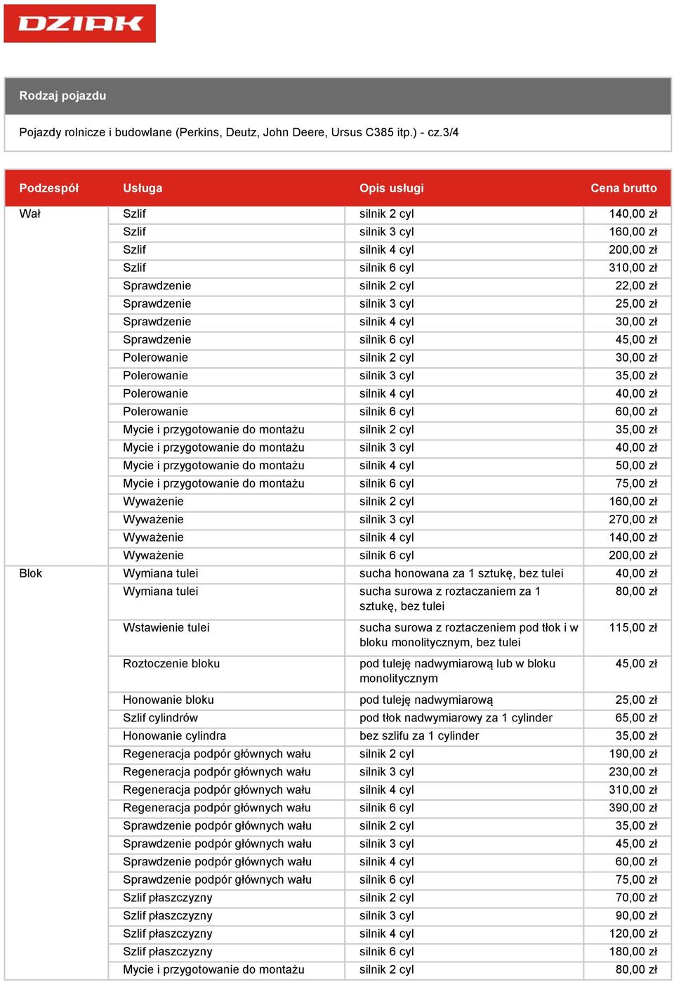 Sprawdzenie silnik 4 cyl 30,00 zł Sprawdzenie silnik 6 cyl 45,00 zł Polerowanie silnik 2 cyl 30,00 zł Polerowanie silnik 3 cyl 35,00 zł Polerowanie silnik 4 cyl 40,00 zł Polerowanie silnik 6 cyl