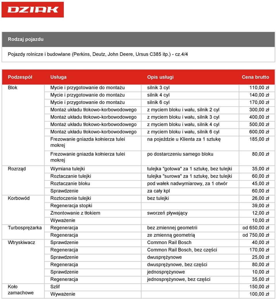 montażu silnik 6 cyl 170,00 zł Montaż układu tłokowo-korbowodowego z myciem bloku i wału, silnik 2 cyl 300,00 zł Montaż układu tłokowo-korbowodowego z myciem bloku i wału, silnik 3 cyl 400,00 zł