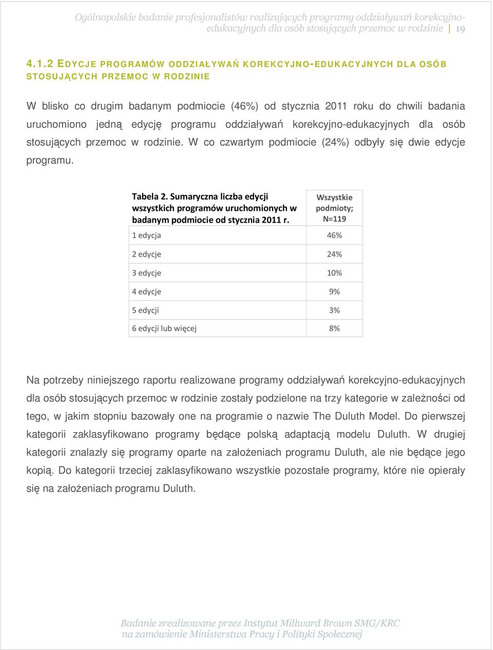 jedną edycję programu oddziaływań korekcyjno-edukacyjnych dla osób stosujących przemoc w rodzinie. W co czwartym podmiocie (24%) odbyły się dwie edycje programu. Tabela 2.