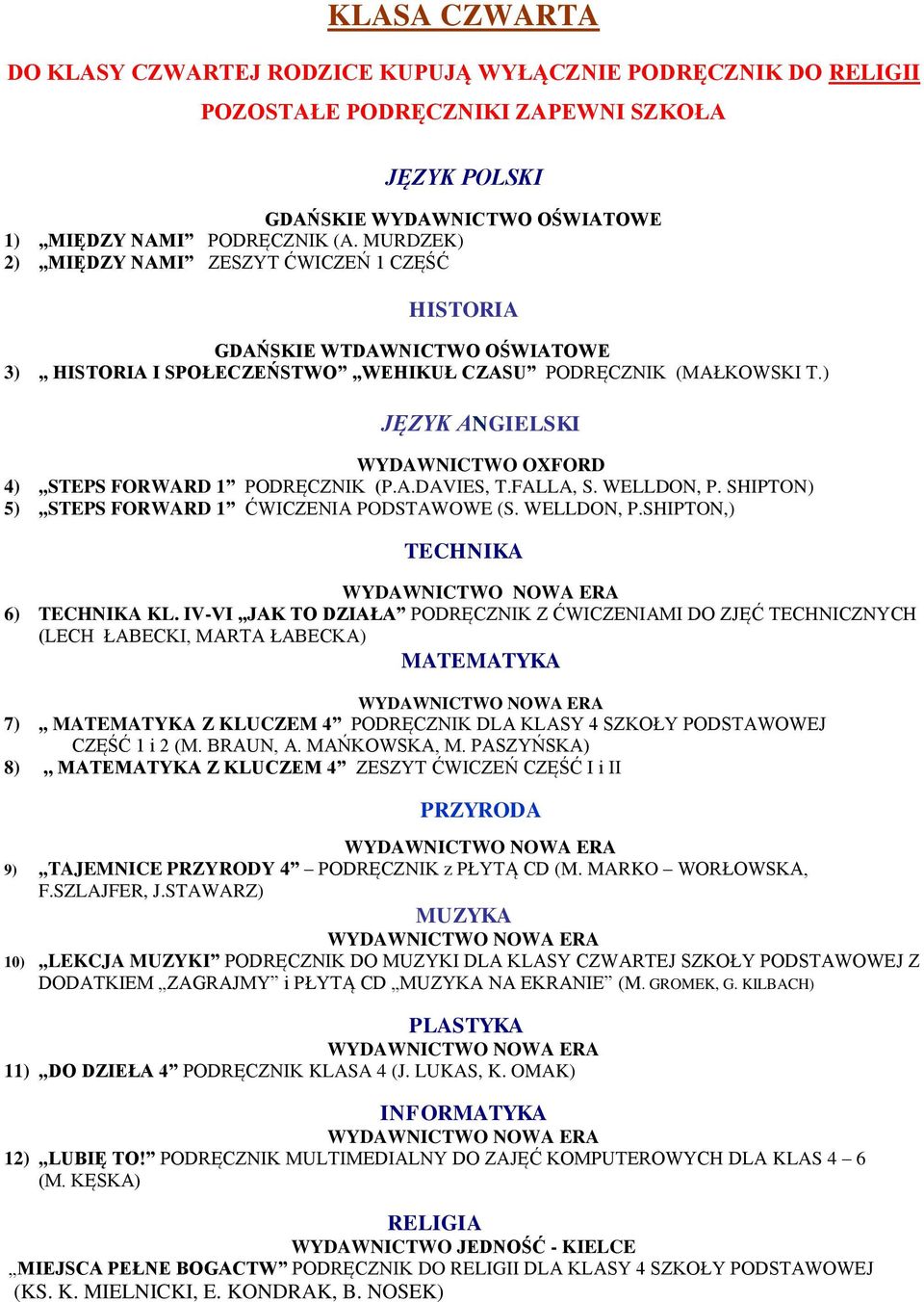 ) WYDAWNICTWO OXFORD 4),,STEPS FORWARD 1 PODRĘCZNIK (P.A.DAVIES, T.FALLA, S. WELLDON, P. SHIPTON) 5),,STEPS FORWARD 1 ĆWICZENIA PODSTAWOWE (S. WELLDON, P.SHIPTON,) TECHNIKA 6) TECHNIKA KL.