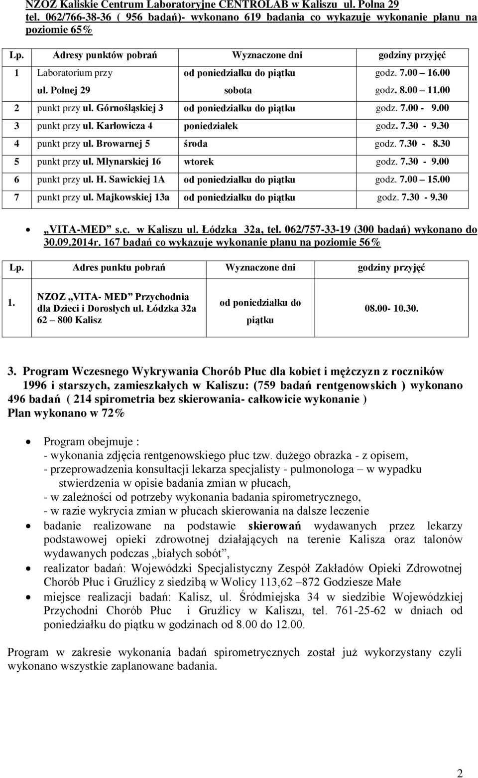 Górnośląskiej 3 od poniedziałku do piątku godz. 7.00-9.00 3 punkt przy ul. Karłowicza 4 poniedziałek godz. 7.30-9.30 4 punkt przy ul. Browarnej 5 środa godz. 7.30-8.30 5 punkt przy ul.