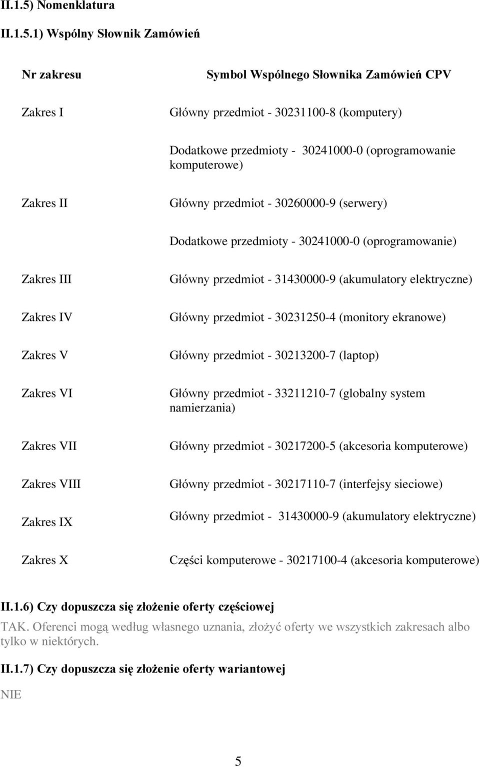 30231250-4 (monitory ekranowe) Zakres V *áyzq\su]hgplrw- 30213200-7 (laptop) Zakres VI *áyzq\su]hgplrw- 33211210-7 (globalny system namierzania) Zakres VII *áyzq\su]hgplrw- 30217200-5 (akcesoria