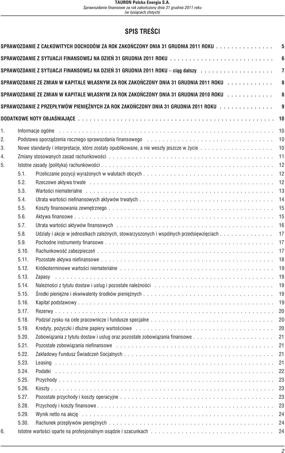 .. 8 SPRAWOZDANIE ZE ZMIAN W KAPITALE W ASNYM ZA ROK ZAKOÑCZONY DNIA 31 GRUDNIA 2010 ROKU... 8 SPRAWOZDANIE Z PRZEP YWÓW PIENIÊ NYCH ZA ROK ZAKOÑCZONY DNIA 31 GRUDNIA 2011 ROKU.