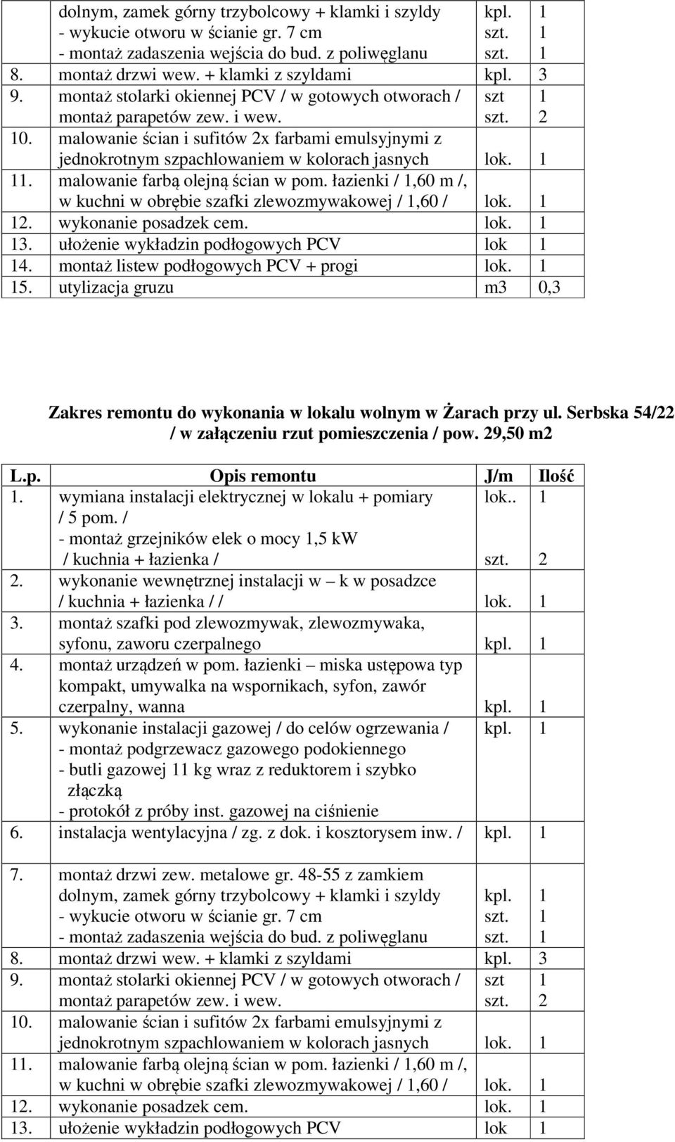 montaż listew podłogowych PCV + progi lok. 5. utylizacja gruzu m3 0,3 Zakres remontu do wykonania w lokalu wolnym w Żarach przy ul. Serbska 54/ / w załączeniu rzut pomieszczenia / pow. 9,50 m.