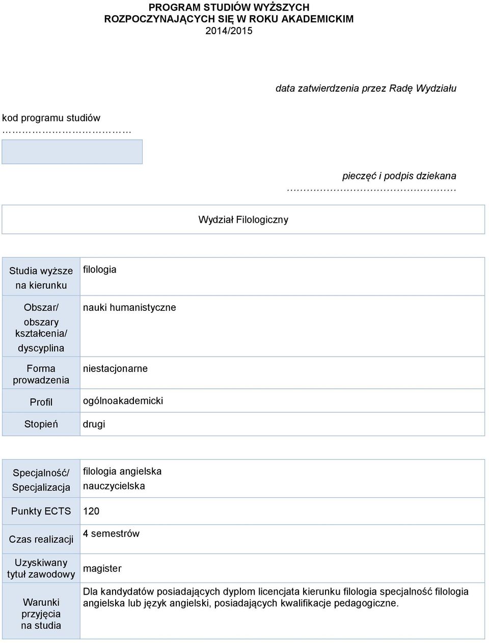 ogólnoakademicki drugi Specjalność/ Specjalizacja filologia angielska nauczycielska Punkty 120 Czas realizacji 4 semestrów Uzyskiwany tytuł zawodowy magister arunki