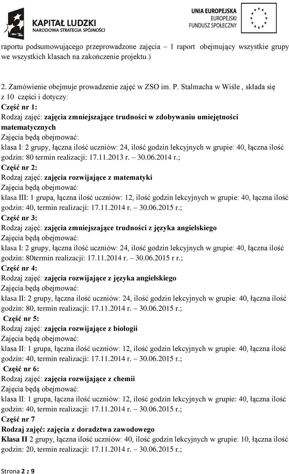 ilość godzin lekcyjnych w grupie: 40, łączna ilość godzin: 80 termin realizacji: 17.11.2013 r. 30.06.2014 r.