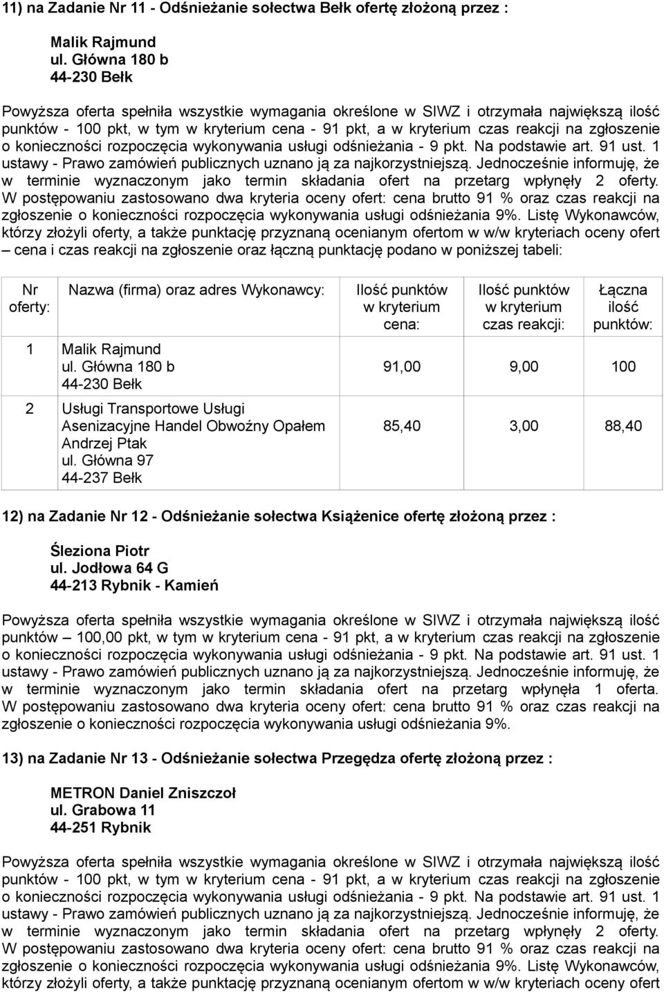 Główna 97 44-237 Bełk 85,40 3,00 88,40 12) na Zadanie 12 - Odśnieżanie sołectwa Książenice ofertę złożoną przez : Śleziona Piotr ul.