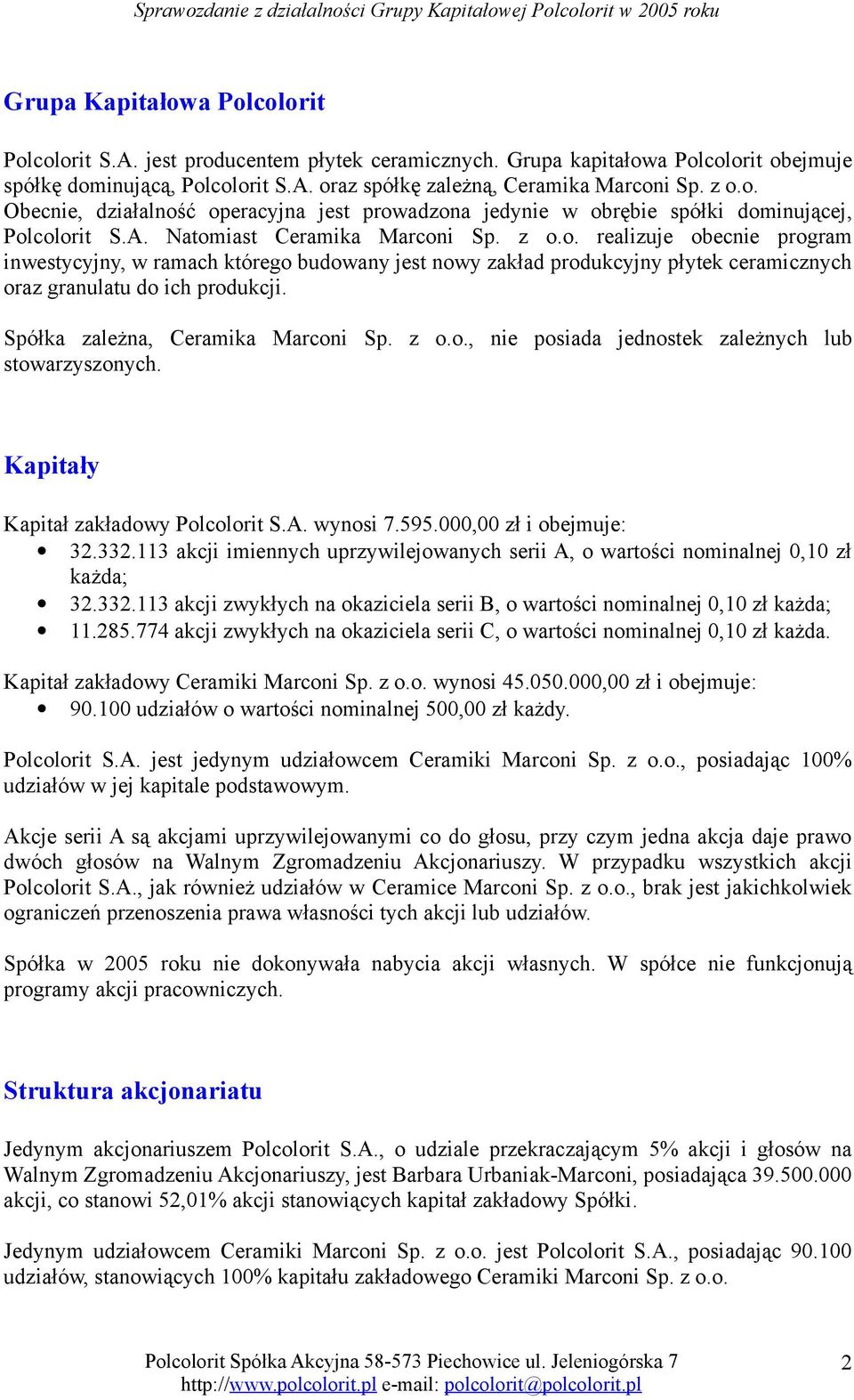 Spółka zależna, Ceramika Marconi Sp. z o.o., nie posiada jednostek zależnych lub stowarzyszonych. Kapitały Kapitał zakładowy Polcolorit S.A. wynosi 7.595.000,00 zł i obejmuje: 32.332.