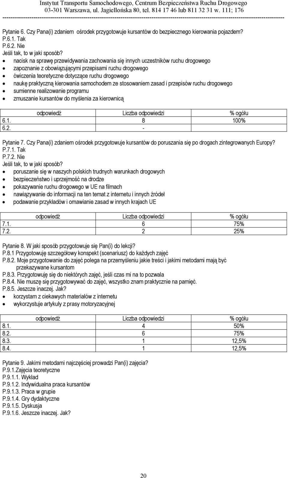 praktyczną kierowania samochodem ze stosowaniem zasad i przepisów ruchu drogowego sumienne realizowanie programu zmuszanie kursantów do myślenia za kierownicą 6.1. 8 100% 6.2. - Pytanie 7.