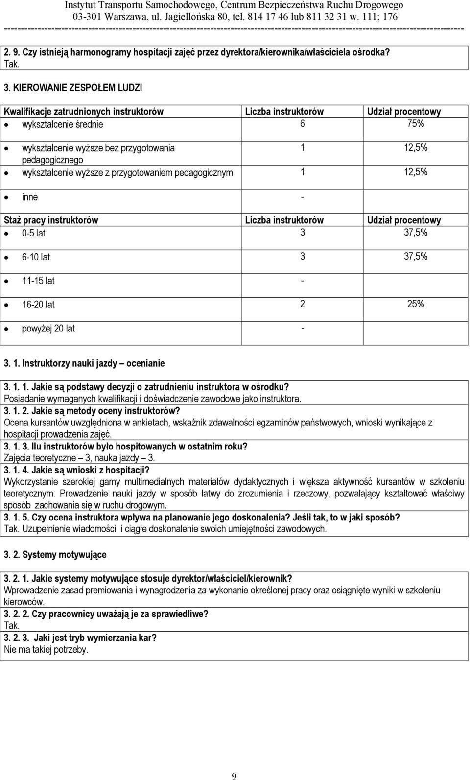 wykształcenie wyższe z przygotowaniem pedagogicznym 1 12,5% inne - Staż pracy instruktorów Liczba instruktorów Udział procentowy 0-5 lat 3 37,5% 6-10 lat 3 37,5% 11-15 lat - 16-20 lat 2 25% powyżej