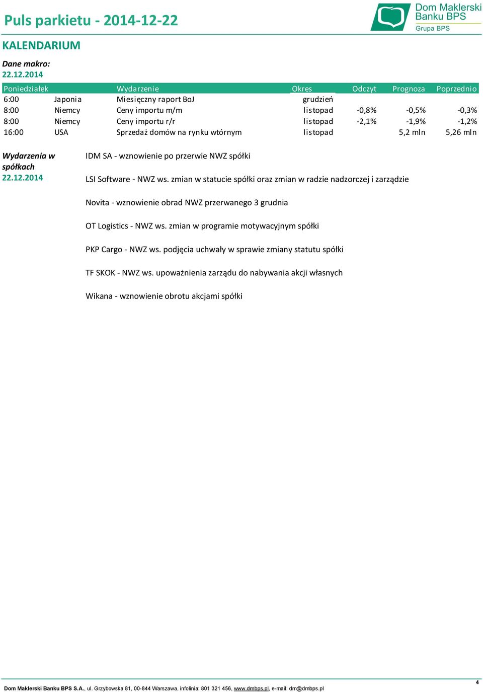 listopad -2,1% -1,9% -1,2% 16:00 USA Sprzedaż domów na rynku wtórnym listopad 5,2 mln 5,26 mln Wydarzenia w spółkach 22.12.2014 IDM SA - wznowienie po przerwie NWZ spółki LSI Software - NWZ ws.