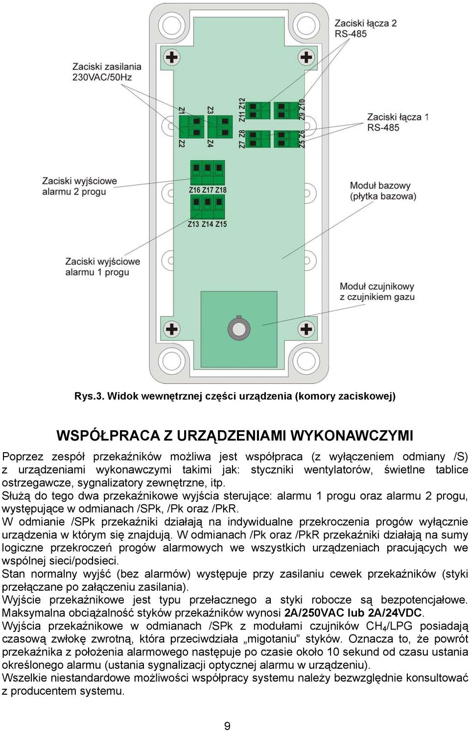 wykonawczymi takimi jak: styczniki wentylatorów, świetlne tablice ostrzegawcze, sygnalizatory zewnętrzne, itp.