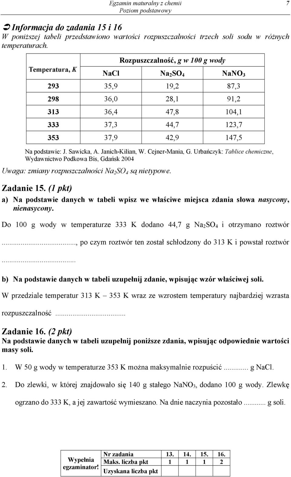 Janich-Kilian, W. Cejner-Mania, G. Urbańczyk: Tablice chemiczne, Wydawnictwo Podkowa Bis, Gdańsk 2004 Uwaga: zmiany rozpuszczalności Na 2 SO 4 są nietypowe. Zadanie 15.