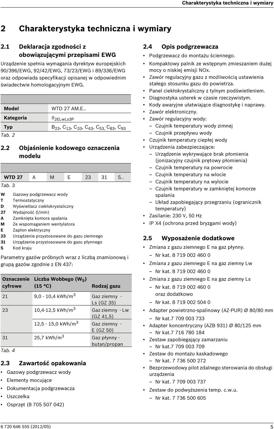 odpowiednim świadectwie homologacyjnym EWG. Model Kategoria WTD 27 AM.E.. II 2ELwLs3P Typ B 23, C 13, C 33, C 43, C 53, C 83, C 93 Tab. 2 2.