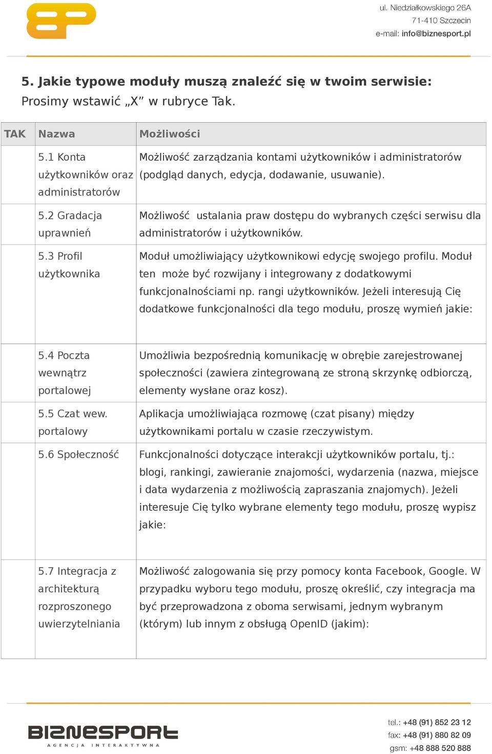 Możliwość ustalania praw dostępu do wybranych części serwisu dla administratorów i użytkowników. Moduł umożliwiający użytkownikowi edycję swojego profilu.