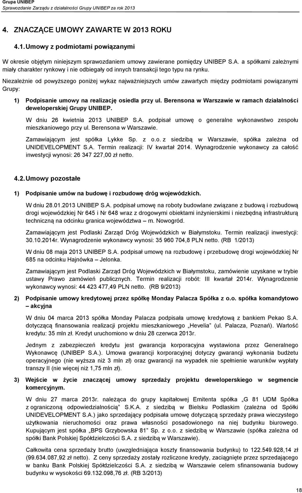 Berensona w Warszawie w ramach działalności deweloperskiej Grupy UNIBEP. W dniu 26 kwietnia 2013 UNIBEP S.A. podpisał umowę o generalne wykonawstwo zespołu mieszkaniowego przy ul.