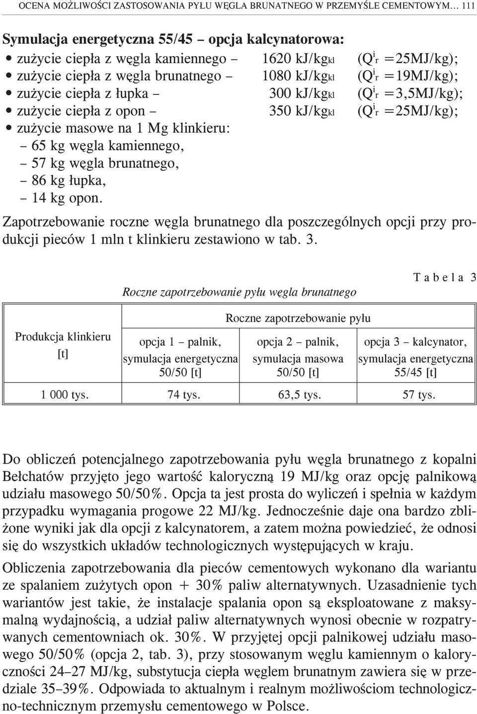 ciep³a z ³upka 300 kj/kgkl (Q i r =3,5MJ/kg); zu ycie ciep³a z opon 350 kj/kgkl (Q i r =25MJ/kg); zu ycie masowe na 1 Mg klinkieru: 65 kg wêgla kamiennego, 57 kg wêgla brunatnego, 86 kg ³upka, 14 kg