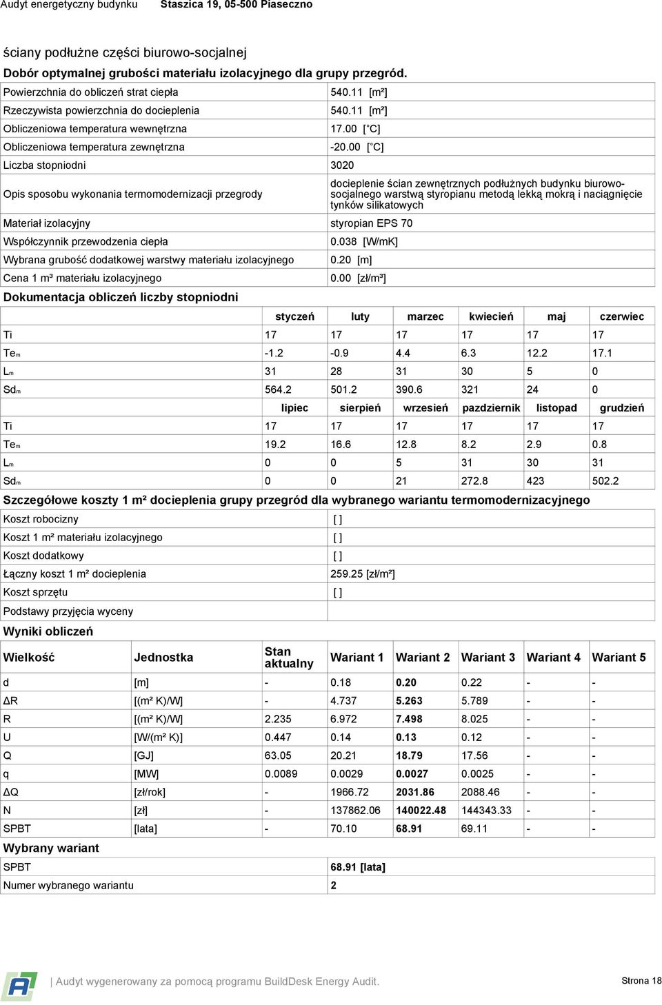 termomodernizacji przegrody 540.11 [m²] 540.11 [m²] 17.00 [ C] -20.