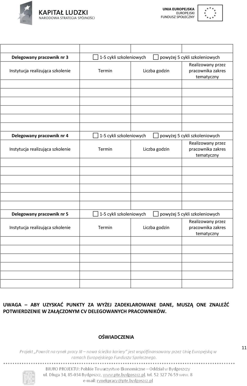 pracownika zakres tematyczny Delegowany pracownik nr 5 1-5 cykli szkoleniowych powyżej 5 cykli szkoleniowych Instytucja realizująca szkolenie Termin Liczba godzin