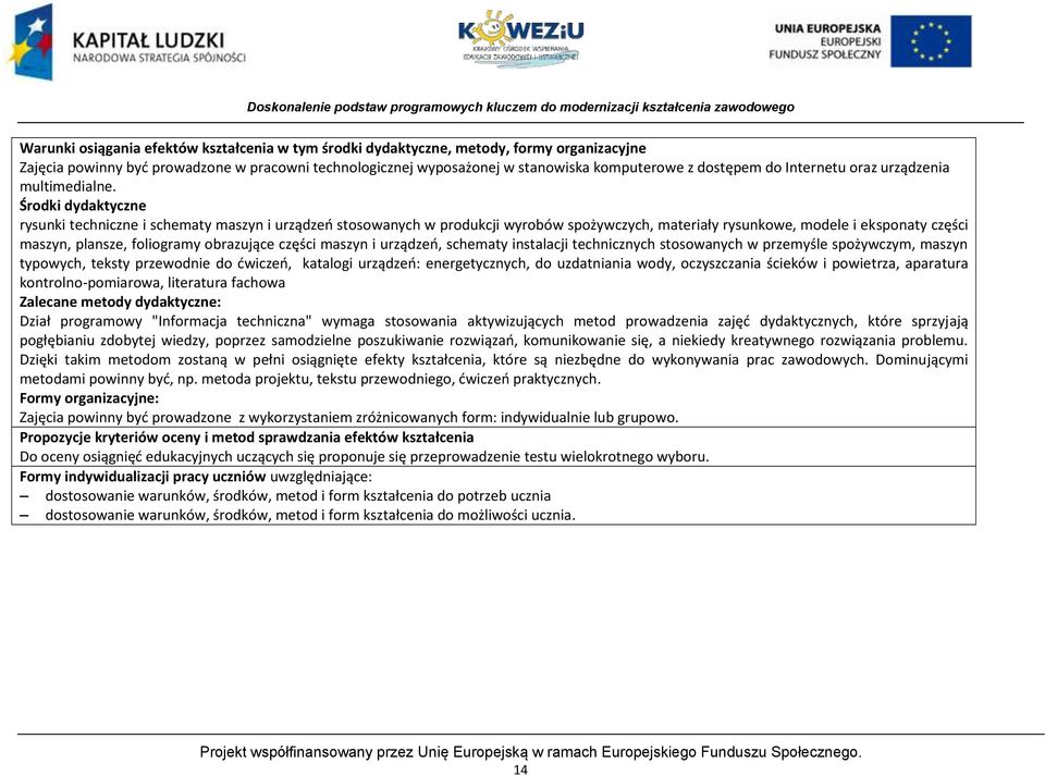 Środki dydaktyczne rysunki techniczne i schematy maszyn i urządzeo stosowanych w produkcji wyrobów spożywczych, materiały rysunkowe, modele i eksponaty części maszyn, plansze, foliogramy obrazujące