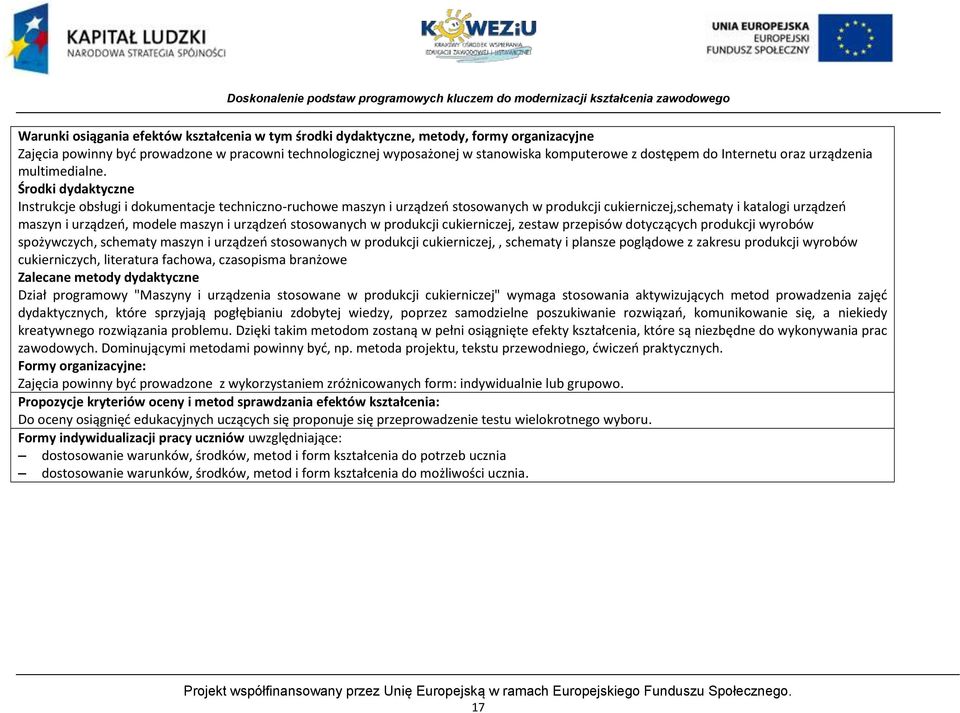 Środki dydaktyczne Instrukcje obsługi i dokumentacje techniczno-ruchowe maszyn i urządzeo stosowanych w produkcji cukierniczej,schematy i katalogi urządzeo maszyn i urządzeo, modele maszyn i urządzeo