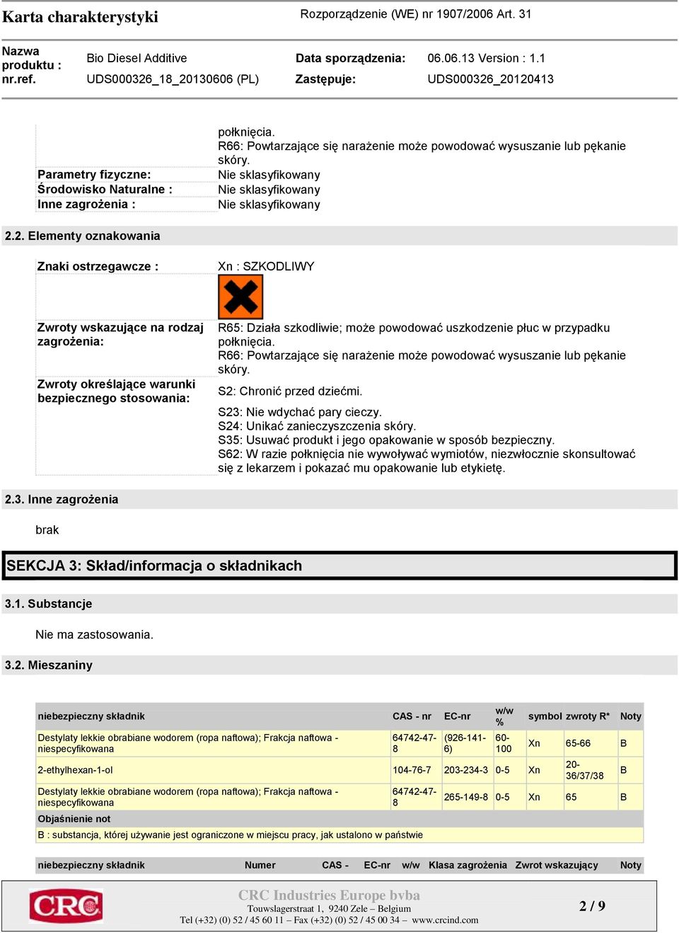 2. Elementy oznakowania Znaki ostrzegawcze : Xn : SZKODLIWY Zwroty wskazujące na rodzaj zagrożenia: Zwroty określające warunki bezpiecznego stosowania: R65: Działa szkodliwie; może powodować