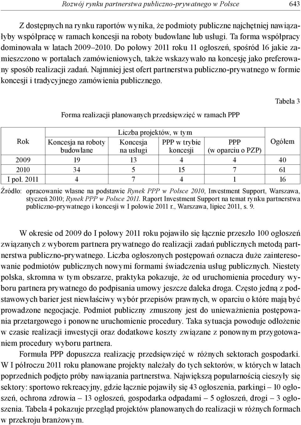 Do połowy 2011 roku 11 ogłoszeń, spośród 16 jakie zamieszczono w portalach zamówieniowych, także wskazywało na koncesję jako preferowany sposób realizacji zadań.