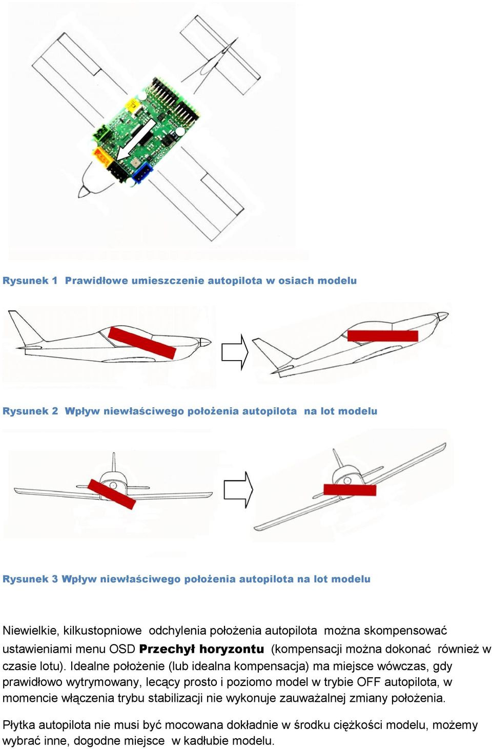 Idealne położenie (lub idealna kompensacja) ma miejsce wówczas, gdy prawidłowo wytrymowany, lecący prosto i poziomo model w trybie OFF autopilota, w momencie włączenia trybu