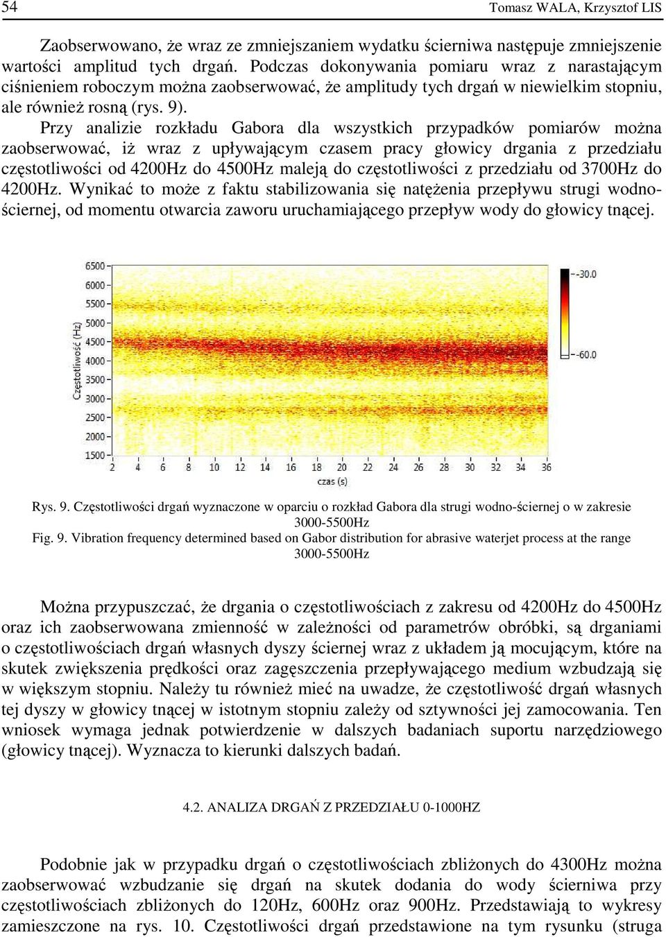 Przy analizie rozkładu Gabora dla wszystkich przypadków pomiarów można zaobserwować, iż wraz z upływającym czasem pracy głowicy drgania z przedziału częstotliwości od 4200Hz do 4500Hz maleją do
