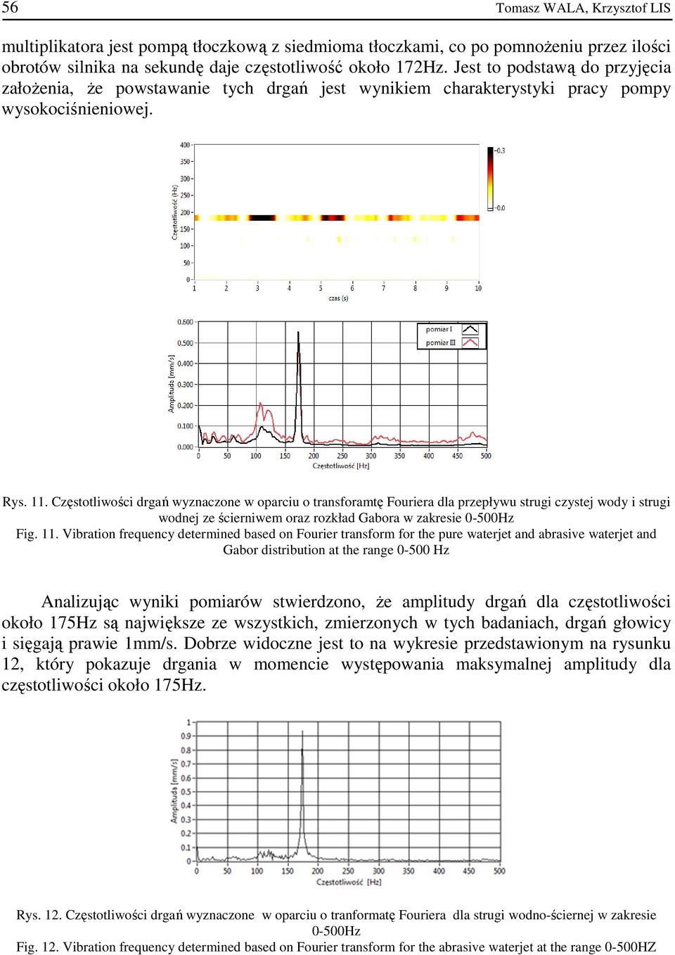 Częstotliwości drgań wyznaczone w oparciu o transforamtę Fouriera dla przepływu strugi czystej wody i strugi wodnej ze ścierniwem oraz rozkład Gabora w zakresie 0-500Hz Fig. 11.