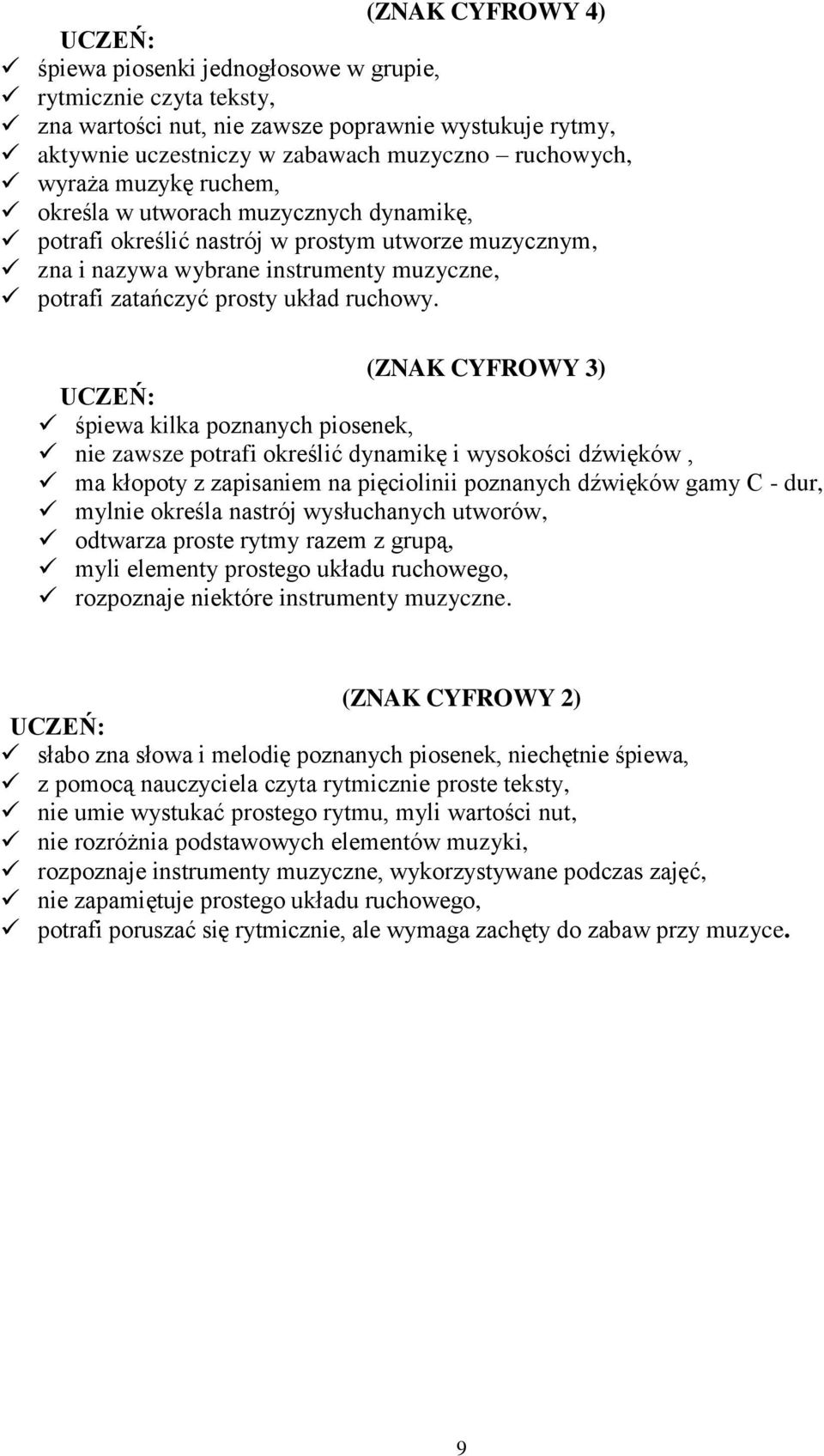 (ZNAK CYFROWY 3) śpiewa kilka poznanych piosenek, nie zawsze potrafi określić dynamikę i wysokości dźwięków, ma kłopoty z zapisaniem na pięciolinii poznanych dźwięków gamy C - dur, mylnie określa