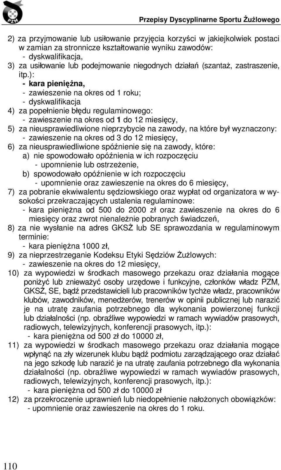 ): - kara pieniężna, - zawieszenie na okres od 1 roku; - dyskwalifikacja 4) za popełnienie błędu regulaminowego: - zawieszenie na okres od 1 do 12 miesięcy, 5) za nieusprawiedliwione nieprzybycie na