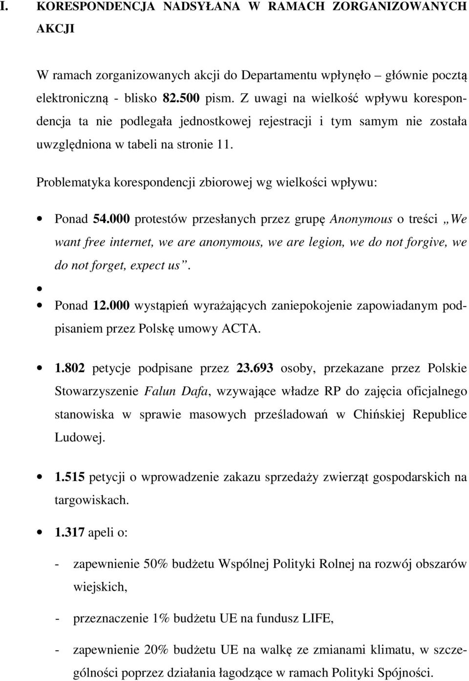 Problematyka korespondencji zbiorowej wg wielkości wpływu: Ponad 54.