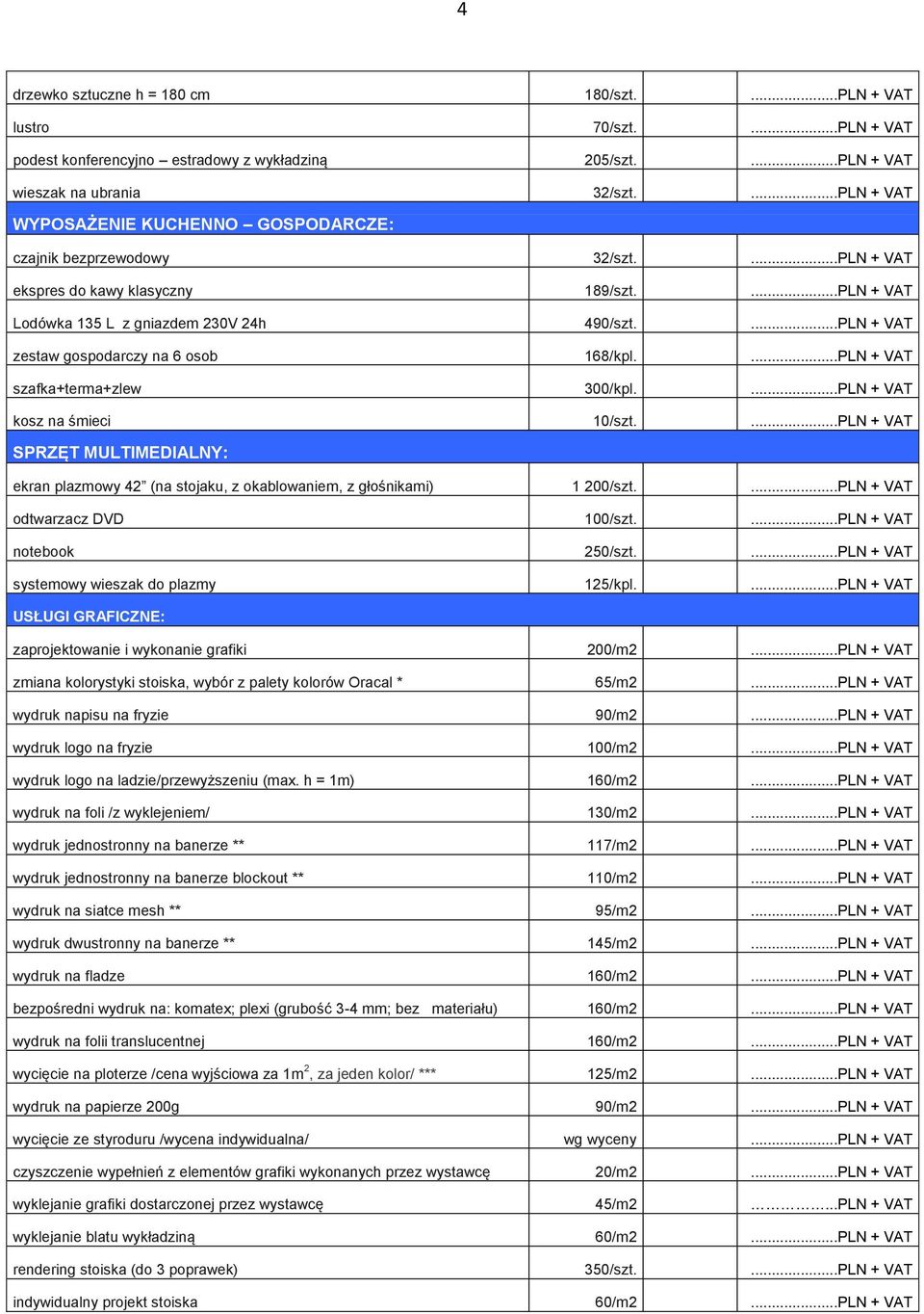 ...PLN + VAT zestaw gospodarczy na 6 osob 168/kpl....PLN + VAT szafka+terma+zlew 300/kpl....PLN + VAT kosz na śmieci 10/szt.