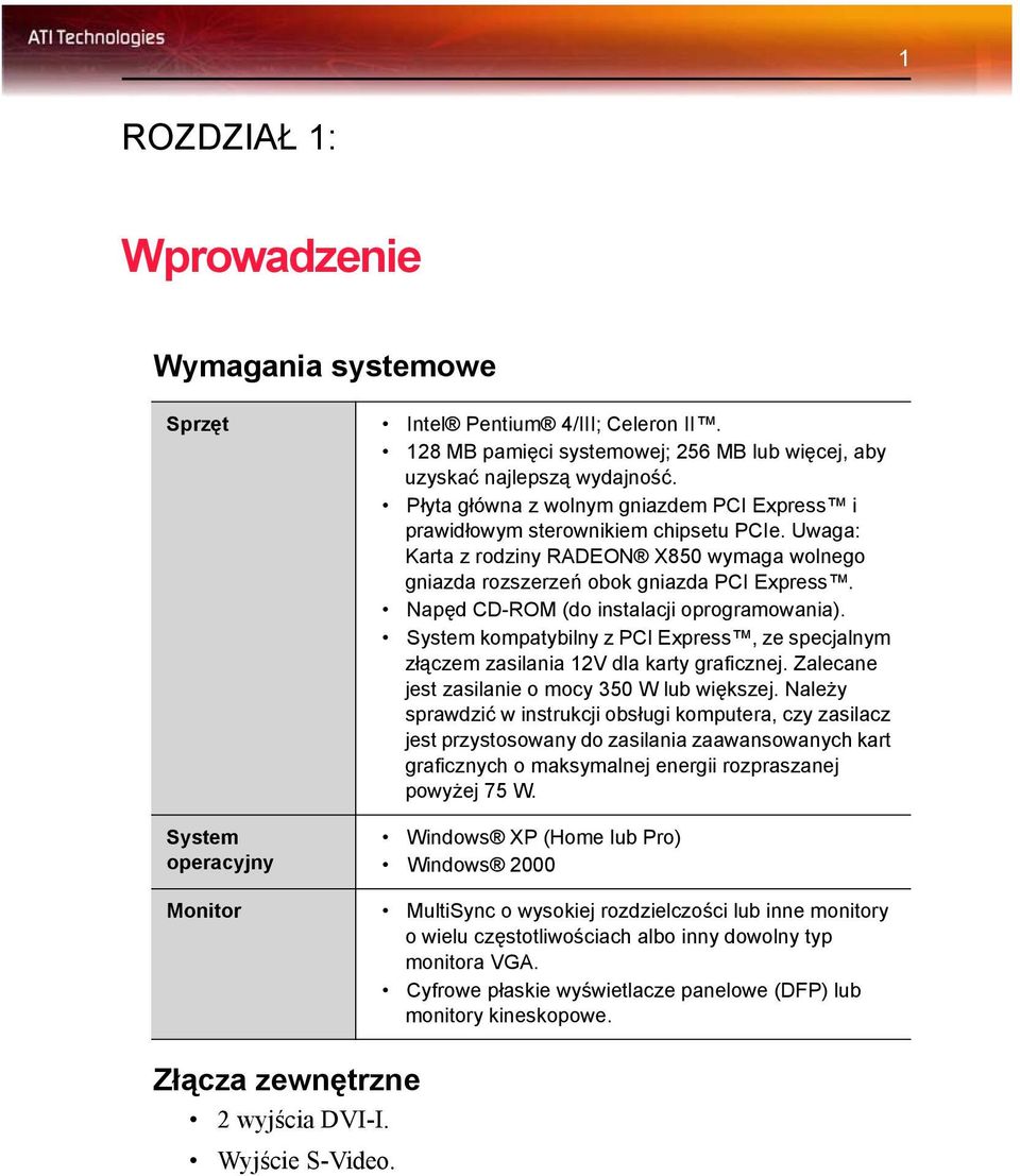 Napęd CD-ROM (do instalacji oprogramowania). System kompatybilny z PCI Express, ze specjalnym złączem zasilania 12V dla karty graficznej. Zalecane jest zasilanie o mocy 350 W lub większej.