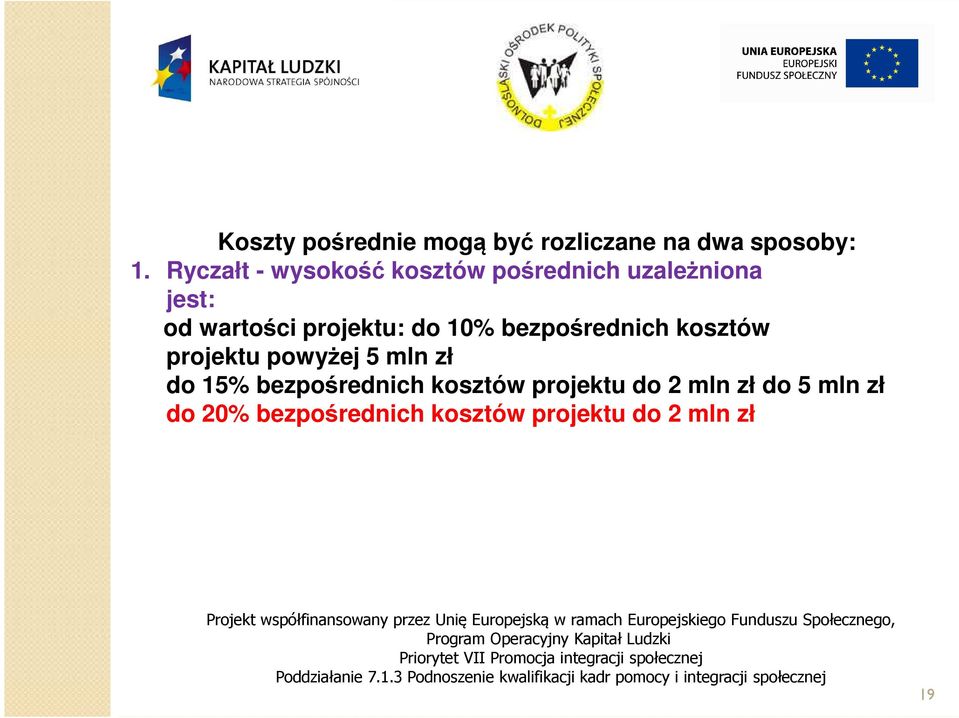 projektu: do 10% bezpośrednich kosztów projektu powyżej 5 mln zł do 15%