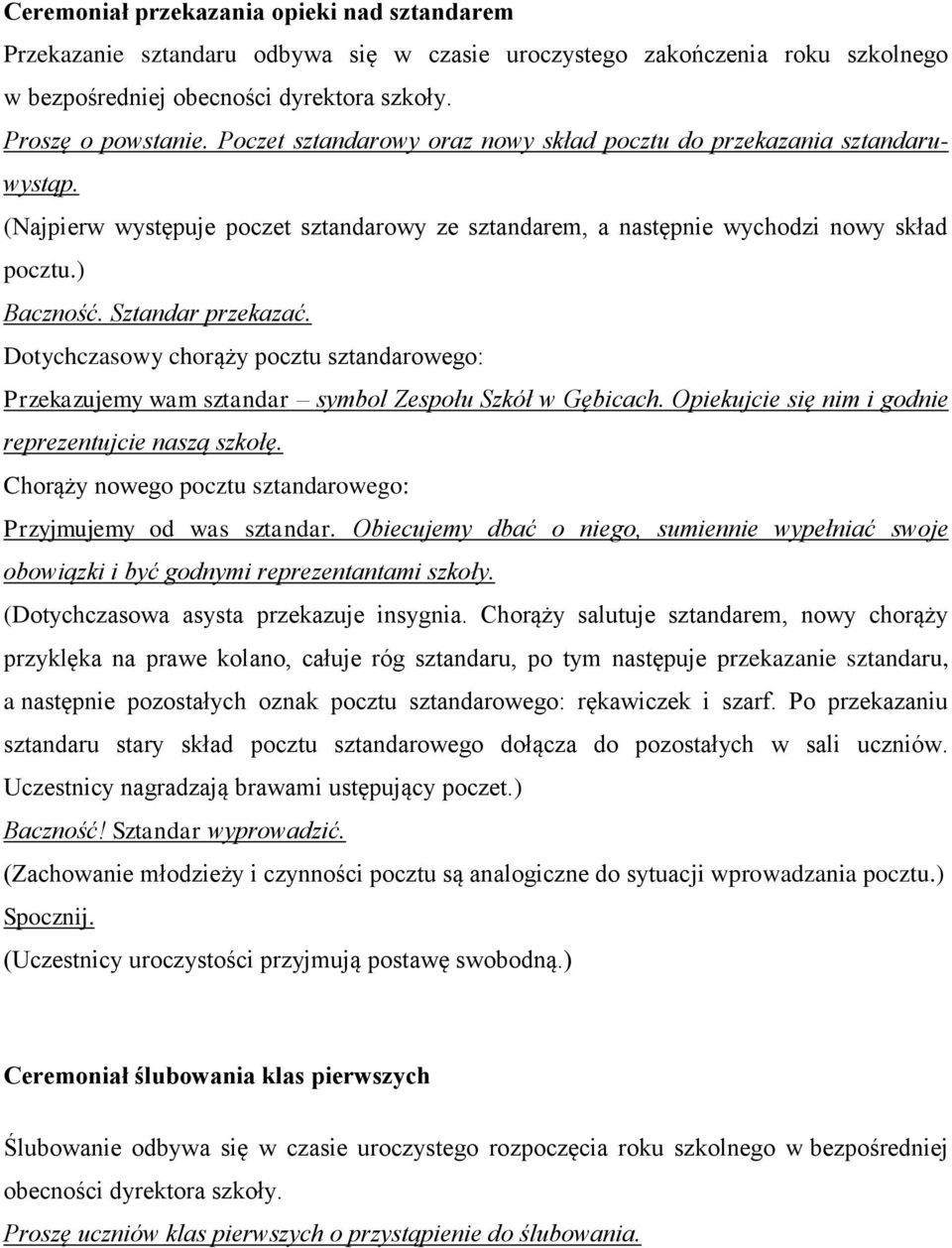 Dotychczasowy chorąży pocztu sztandarowego: Przekazujemy wam sztandar symbol Zespołu Szkół w Gębicach. Opiekujcie się nim i godnie reprezentujcie naszą szkołę.