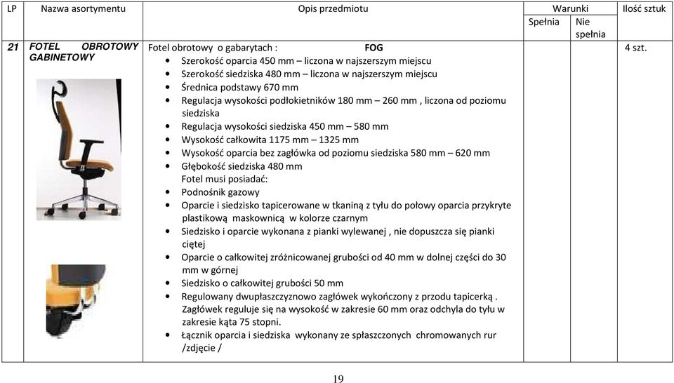 1175 mm 1325 mm Wysokość oparcia bez zagłówka od poziomu siedziska 580 mm 620 mm Głębokość siedziska 480 mm Fotel musi posiadać: Podnośnik gazowy Oparcie i siedzisko tapicerowane w tkaniną z tyłu do