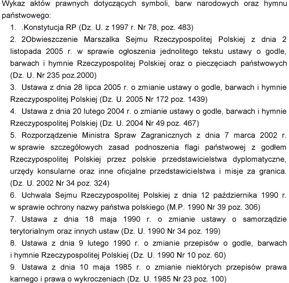 w sprawie ogłoszenia jednolitego tekstu ustawy o godle, barwach i hymnie Rzeczypospolitej Polskiej oraz o pieczęciach państwowych (Dz. U. Nr 235 poz.2000) 3. Ustawa z dnia 28 lipca 2005 r.