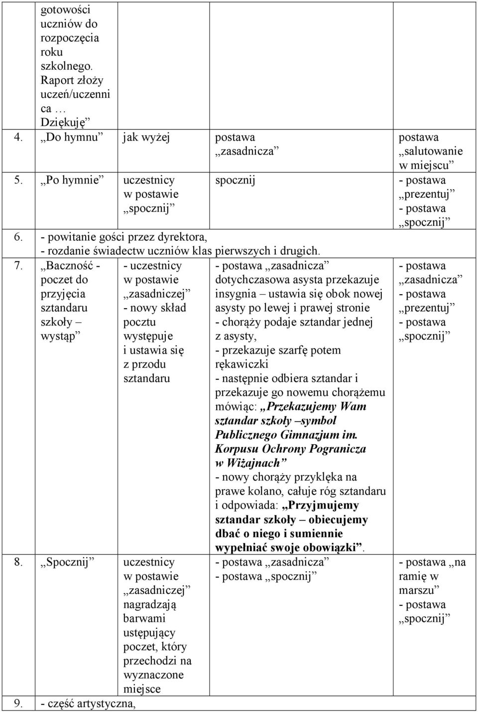 Baczność - poczet do przyjęcia szkoły wystąp - uczestnicy - nowy skład pocztu występuje i ustawia się z przodu 8.