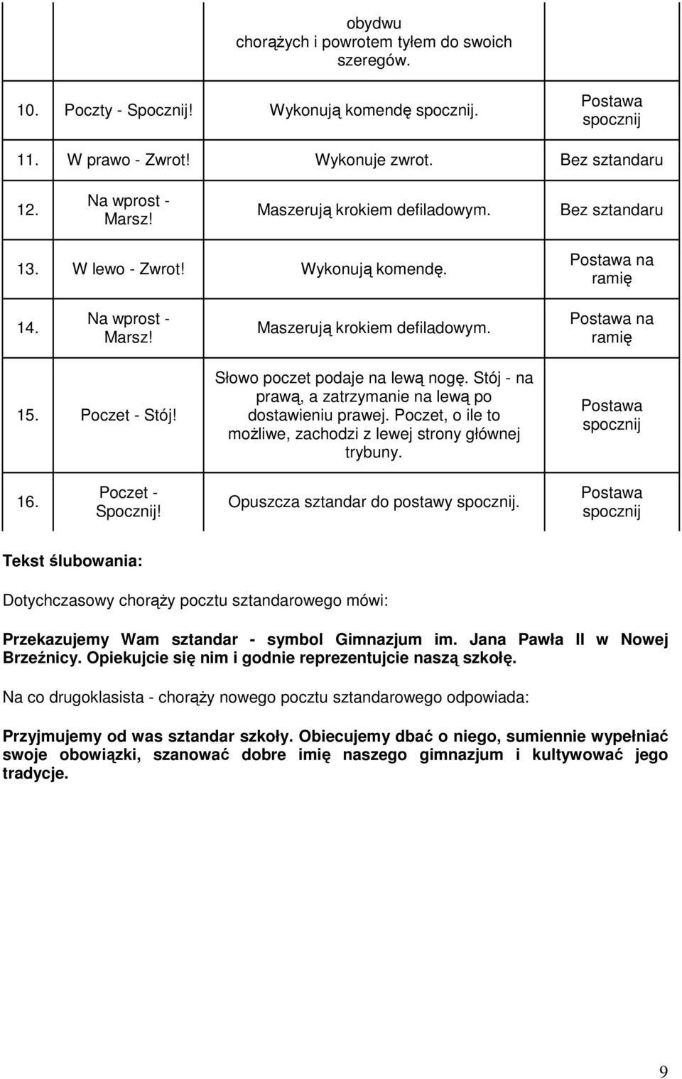 Poczet, o ile to moŝliwe, zachodzi z lewej strony głównej trybuny. 16. Opuszcza sztandar do postawy.