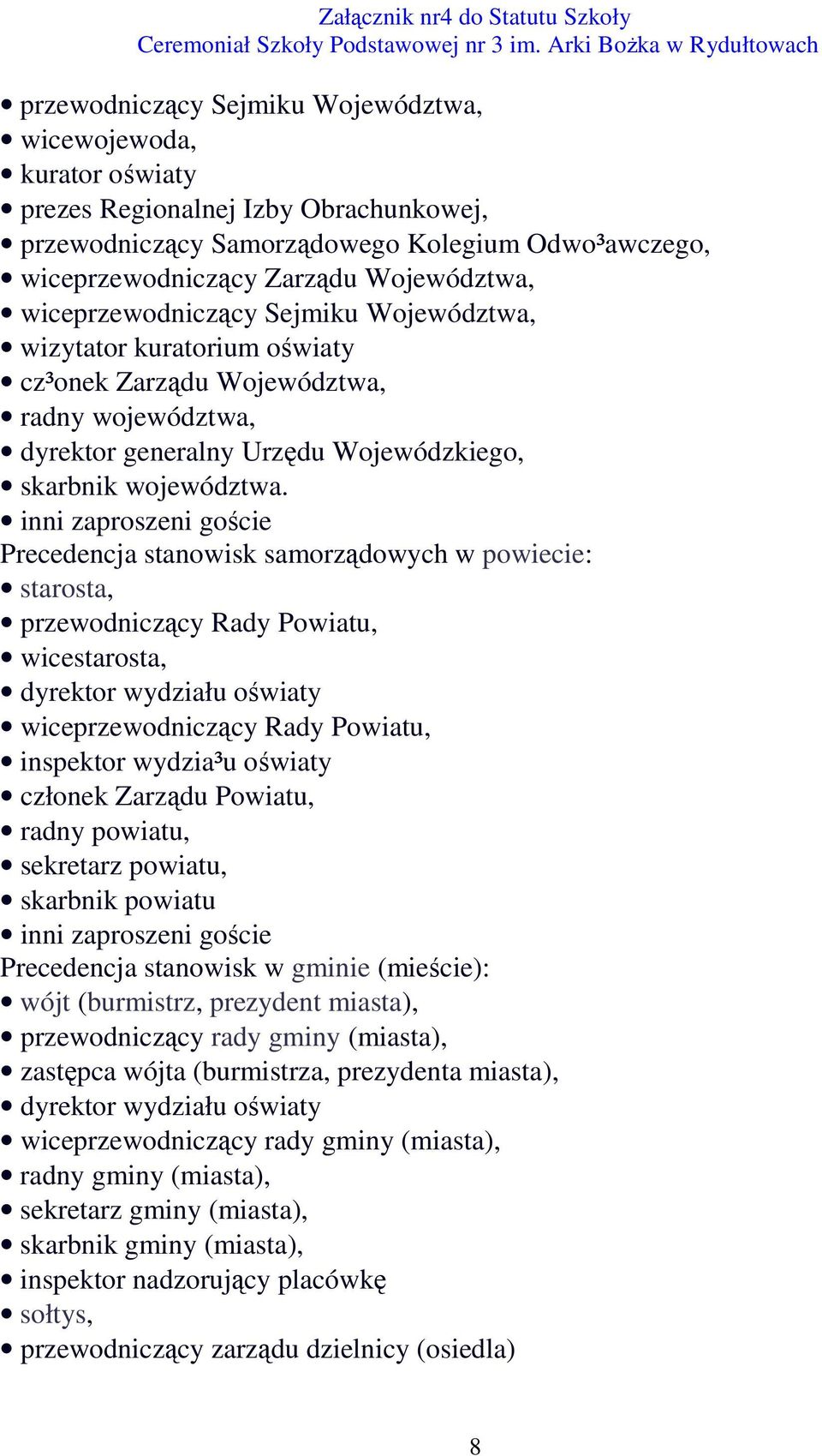 inni zaproszeni goście Precedencja stanowisk samorządowych w powiecie: starosta, przewodniczący Rady Powiatu, wicestarosta, dyrektor wydziału oświaty wiceprzewodniczący Rady Powiatu, inspektor