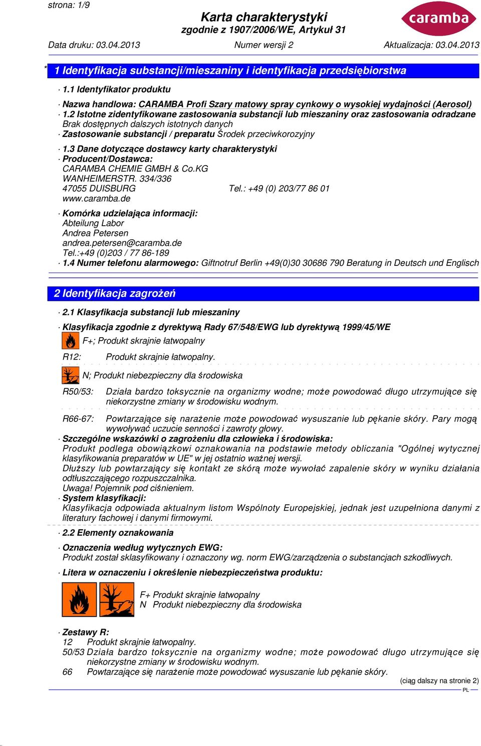 3 Dane dotyczące dostawcy karty charakterystyki Producent/Dostawca: CARAMBA CHEMIE GMBH & Co.KG WANHEIMERSTR. 334/336 47055 DUISBURG Tel.: +49 (0) 203/77 86 01 www.caramba.