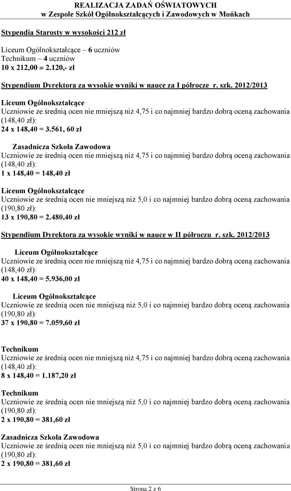 561, 60 zł Zasadnicza Szkoła Zawodowa 1 x 148,40 = 148,40 zł 13 x 190,80 = 2.
