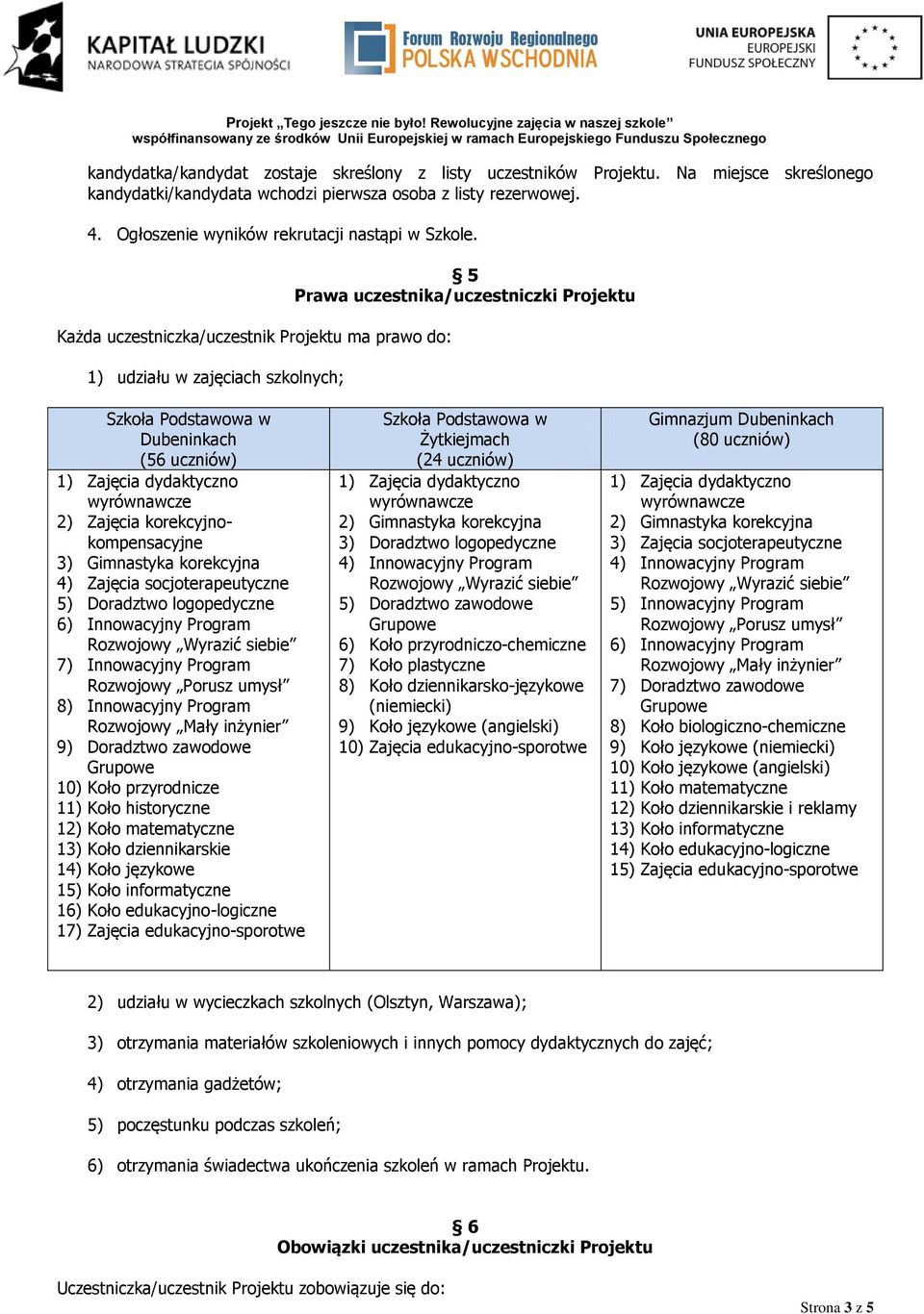 Każda uczestniczka/uczestnik Projektu ma prawo do: 1) udziału w zajęciach szkolnych; 5 Prawa uczestnika/uczestniczki Projektu Szkoła Podstawowa w Dubeninkach (56 uczniów) 2) Zajęcia