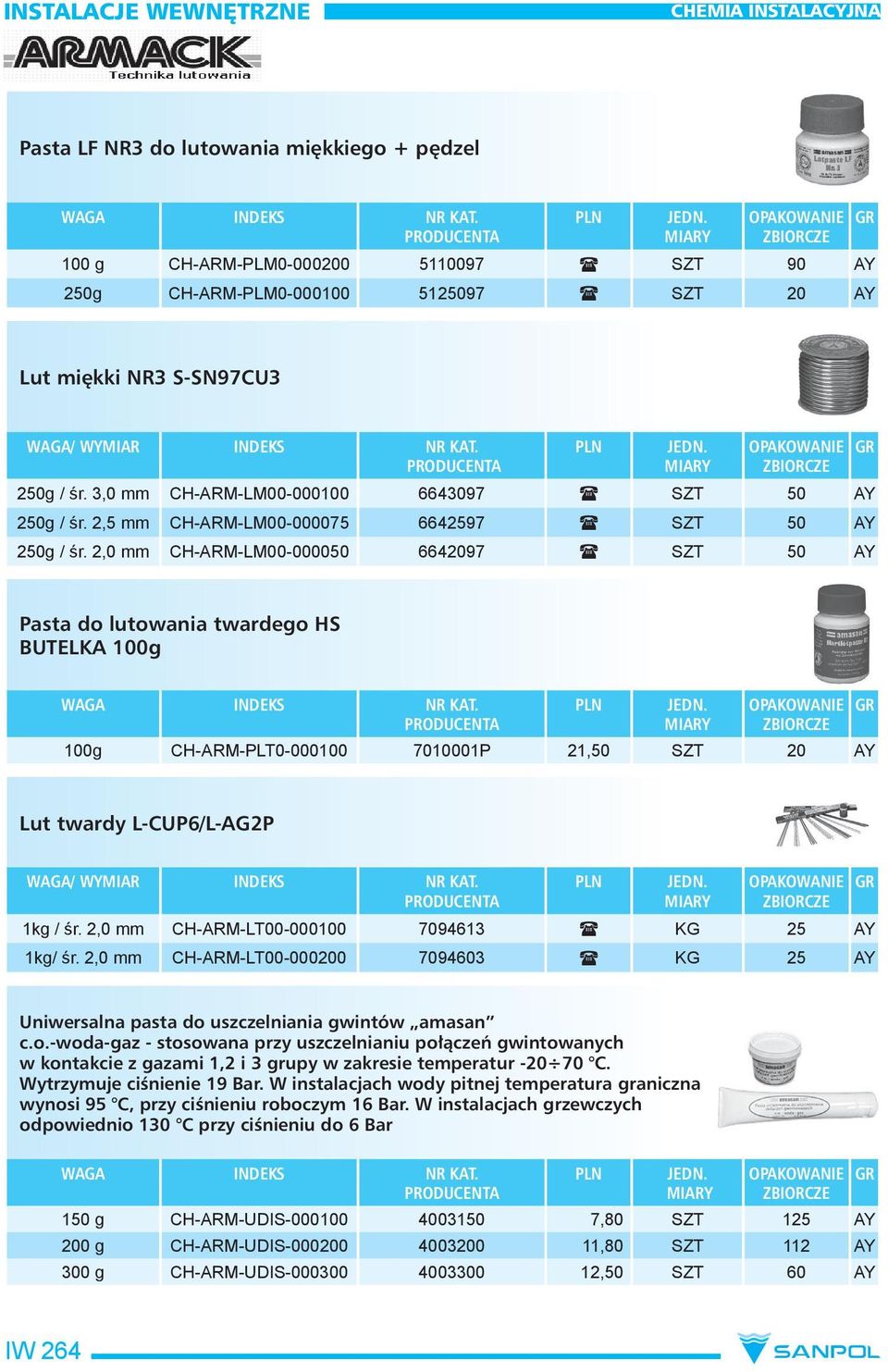 2,0 mm CH-ARM-LM00-000050 6642097 SZT 50 AY Pasta do lutowania twardego HS BUTELKA 100g 100g CH-ARM-PLT0-000100 7010001P 21,50 SZT 20 AY Lut twardy L-CUP6/L-AG2P WAGA/ WYMIAR INDEKS NR KAT. 1kg / śr.